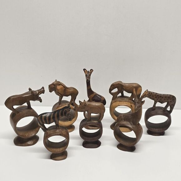 African Wood Carved Safari Animal Napkin Rings jungle theme Made In Kenya VTG - Picture 2 of 8